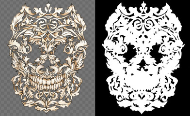 Detailed graphic human skull with ornament and bones. Gothic art on transparent background via an alpha channel.