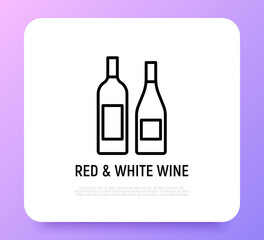 Bottles with red and white wine thin line icon. Modern vector illustration.