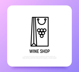 Wine packaging with grapes thin line icon. Modern vector illustration.
