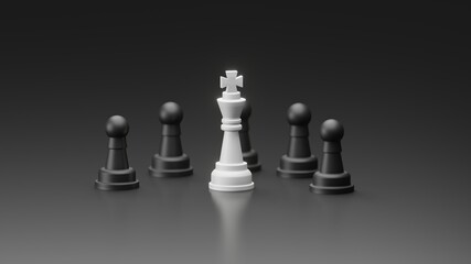 Standing White King in front of black pawn group with dark background. 3D illustration of one against everyone