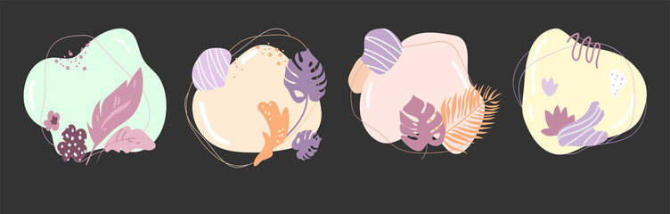 A set of background design with abstract shapes and lines, leaves and branches and flowers, plants, flowing circular shapes. Design for greeting cards, invitations, brochures.Vector illustration.