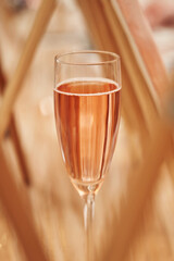 graceful glass with rose sparkling wine on pink background