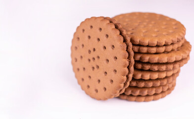 Chocolate chip cookies with filling on white background.Copy space.