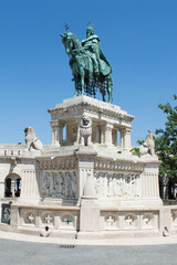 Obraz premium Budapest, Hungary: Statue of King St Stephen, first christian king in Hungary, Fisherman's Bastion