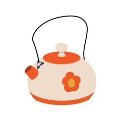 White teapot with red flower print vector icon. Cartoon lllustration of teapot isolated on white.
