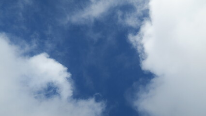 White cloud field with interesting shapes in the blue sky on a sunny day with space for a message