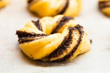 Raw buns rolls in bread bakery