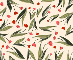 Floral collection with leaves, tulips From 8 March. Vector flowers. Spring art print with botanical elements. Festive postcard. Folk style. Spring holiday posters, print on fabric. Vector graphics 