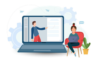 Young people working with notebook chatting in the internet, online conference concept, distant work concept,online education concept, team communication concept, flat vector illustration