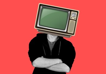 Contemporary art collage of male with TV instead head on background.