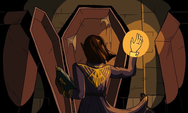 Wizard With Glowing Hand And Spellbook Peers Into Empty Coffin In Darkness 2d Illustration 