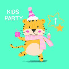 Postcard invitation to a children's party. Cute tiger cub with a cake and a gift in his paws. I'm going to a holiday. An invitation to celebrate one year. Cute tiger vector illustration