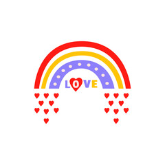 Retro rainbow, word love with hearts in 70s-80s style isolated on a white background. Flat vector illustration.