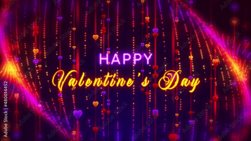 Poster happy valentines day greeting text reveal on red colorful blurry focus vertical heart particles line