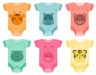 Babies Bodysuits Clothes. Baby clothes. Clothing for newborn kids. Collection of bodysuits with cute funny cartoon animals isolated on white background. Suitable for cards, poster, design elements