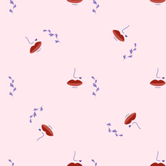 Naklejka premium Seamless pattern with lips and plant, for Valentine's day. Vector hand drawn illustration for february 14 fabric textile or wallpaper