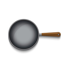 Top view of black pan with wooden handle isolated on white background. Vector illustration.