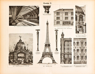 Iron constructions. Eiffel Tower Vintage illustration 1894 - obrazy, fototapety, plakaty