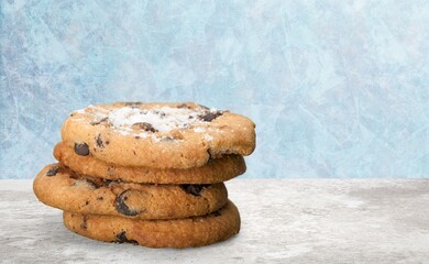 Peanut butter cookies stack on wooden board. Traditional american dessert, nutrition snack, dessert or breakfast food.