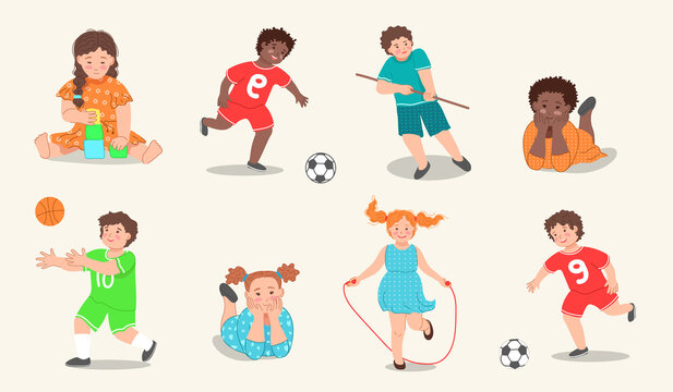 Set of illustrations with children of different nationalities isolated on a white background. Little cute kids play football, jump rope, play, relax