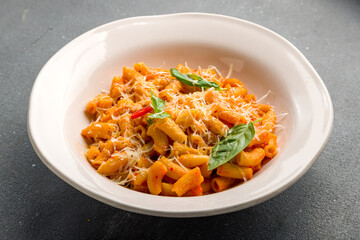 Pasta Penne arabiata with tomato sauce on grey concrete table