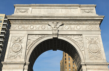 Fototapeta na wymiar Washington Square Arch (1891), officially Washington Arch, marble triumphal arch in Washington Square Park, in Greenwich Village neighborhood of Lower Manhattan, New York City