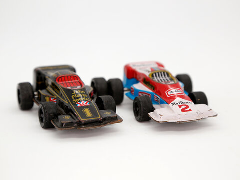 Brass Cars. Old Formula 1 Racing Car Toy. Advertising And Sponsor Logos. Marlboro. Texaco. John Player Special. Made In Japan. Vehicle For Children. Transport. Fast Cars. Retro. Vintage. Metal