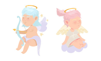 Cute baby angels with wings and halo set. Adorable baby cherubs shooting with bow and sitting on cloud cartoon vector illustration