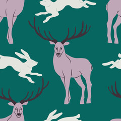 Vector seamless pattern with deer and hare. Animals on a green background. Forest animals. Wallpaper, wrapping, paper, textiles.