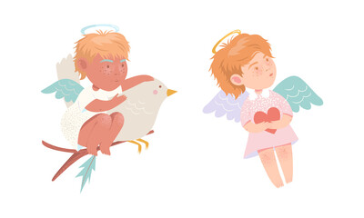 Cute baby angels with wings and halo set. Adorable baby cherub hugging white bird and holding heart cartoon vector illustration
