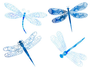 dragonfly blue set watercolor silhouette on white background - obrazy, fototapety, plakaty