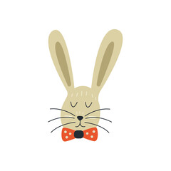 Cute bunny with a bow tie. Gray rabbit, forest wild fluffy animal. Colorful vector isolated illustration hand drawn