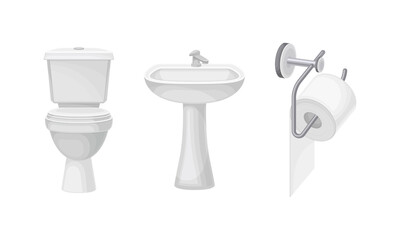Bath furniture set. Toilet bowl, sink and toilet paper holder vector illustration