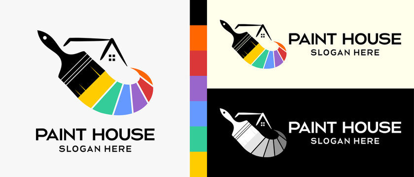 cool building paint logo design template. paintbrush with silhouette and house icon, rainbow color concept. vector illustration of a logo for wall or building paint. Premium Vector
