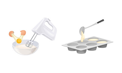 Baking utensils and cooking ingredients set. Baking dish for muffins, mixer and bakery products vector illustration