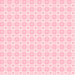Valentine day love beautiful. Valentine day tartan plaid. Hearts on Scottish cage. Scottish pattern in pink and white cage. Scottish checkered background. Seamless fabric texture. Vector illustration.