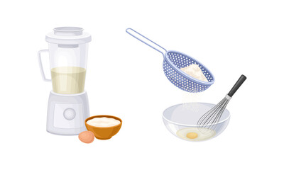 Baking utensils and cooking ingredients set. Sieve, bowl, mixer, whisk and bakery products vector illustration