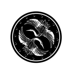 pair of japanese cranes flying with spread wings inside round shield - elegant asian bird black and white vector design