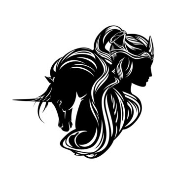 mythical elf queen or princess wearing royal crown with her magic unicorn horse profile head black and white vector silhouette portrait