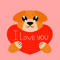 Cute puppy with heart in paws with inscription. Valentines day card. Image isolated on pink background. Vector illustration. Design element for sites of menu for design of thematic products