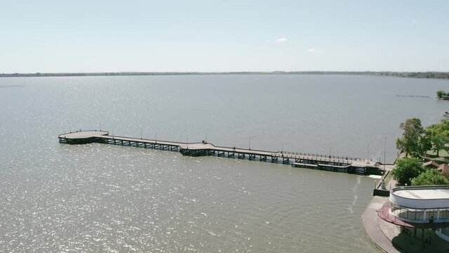 Chascomus lagoon. Aerial view of the fishing pier. Town located in Buenos Aires, Argentina.