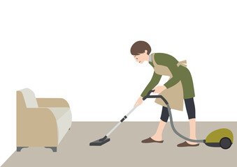 イラスト素材：エプロンをして笑顔で掃除機をかける女性（家事代行・家事分担等のイメージに）