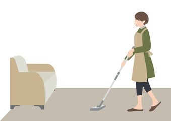 イラスト素材：エプロンをして笑顔でモップをかける女性（家事代行・家事分担等のイメージに）