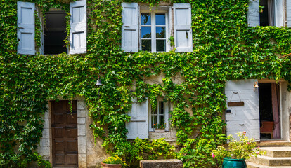 Fototapeta na wymiar Traditional eco architecture with plants on the facade. Ecology and green environment concept. Stone farmhouse at French Alps. Farmhouse windows with old shabby shutters surrounded by ivy.