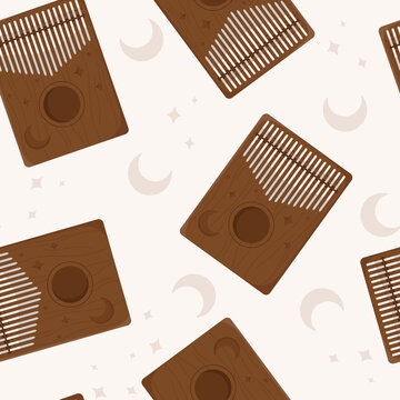 Kalimba seamless pattern. Mbira or thumb piano. African traditional musical instrument. African folk wooden mbira with carvings of the Moon and stars. Flat vector illustration. Isolated background