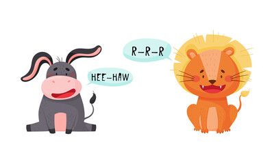 Cute lion and donkey baby animals making sounds set cartoon vector illustration