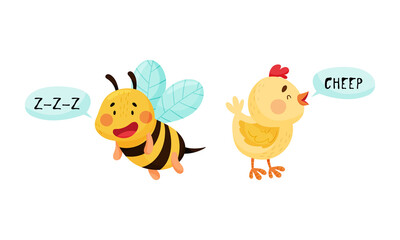 Cute bee and chicken making sounds set cartoon vector illustration