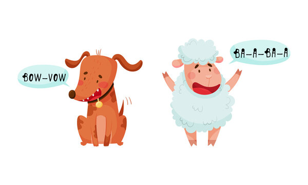 Cute puppy and lamb baby animals making sounds set cartoon vector illustration