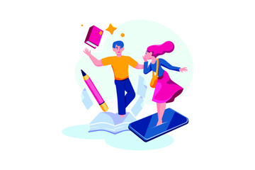 Student woman on top of phone and teacher at notebook