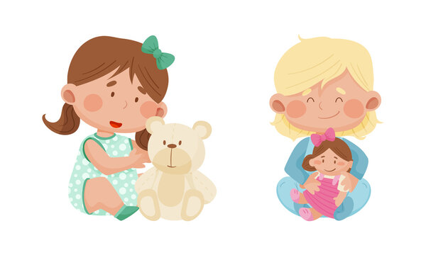 Cute babies playing toys set. Lovely toddler girls hugging teddy bear and doll cartoon vector illustration